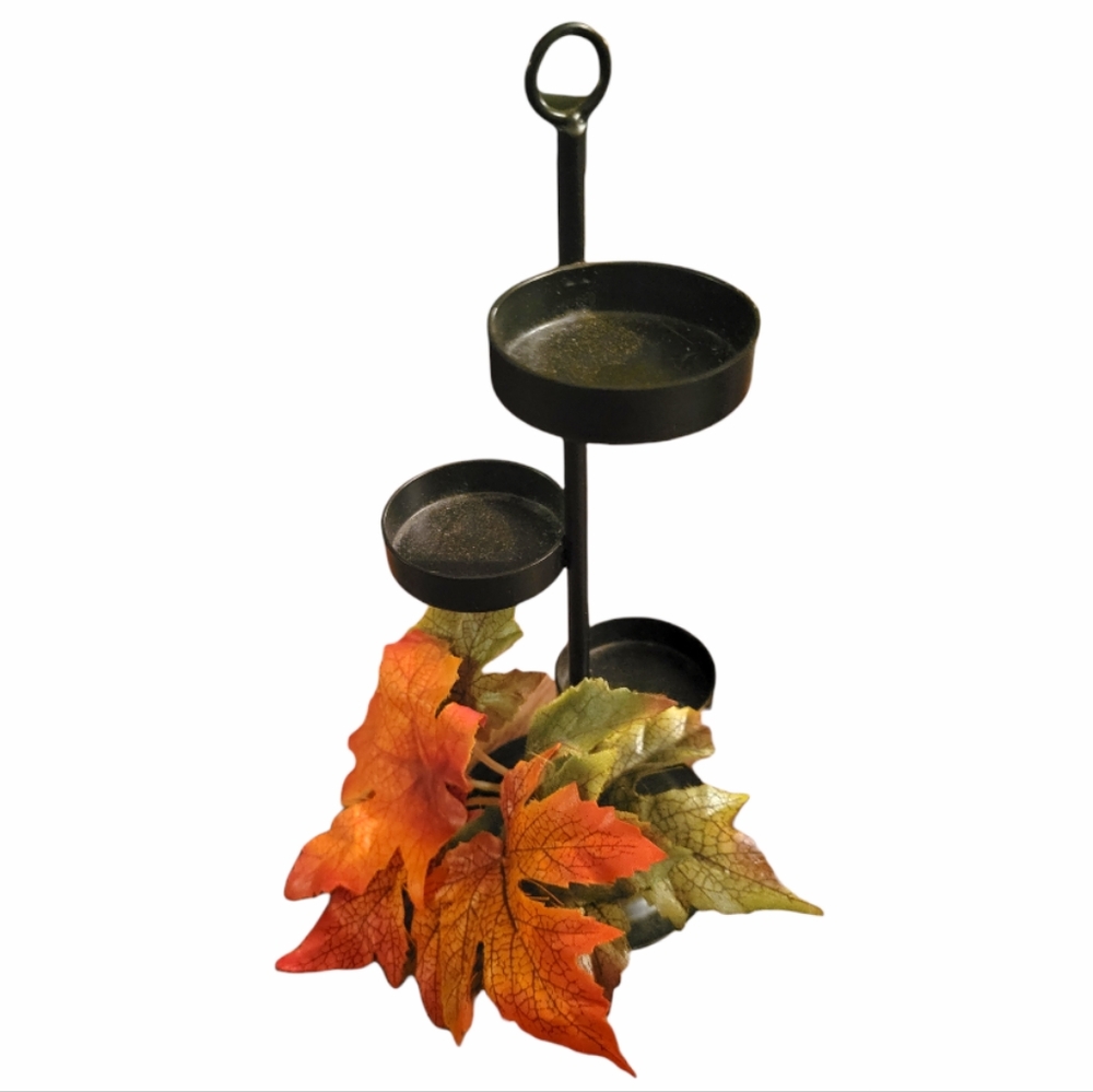 Vtg Partylite Black Metal 3 Tea Light Candle Holder Autumn Leaves Accent Base.